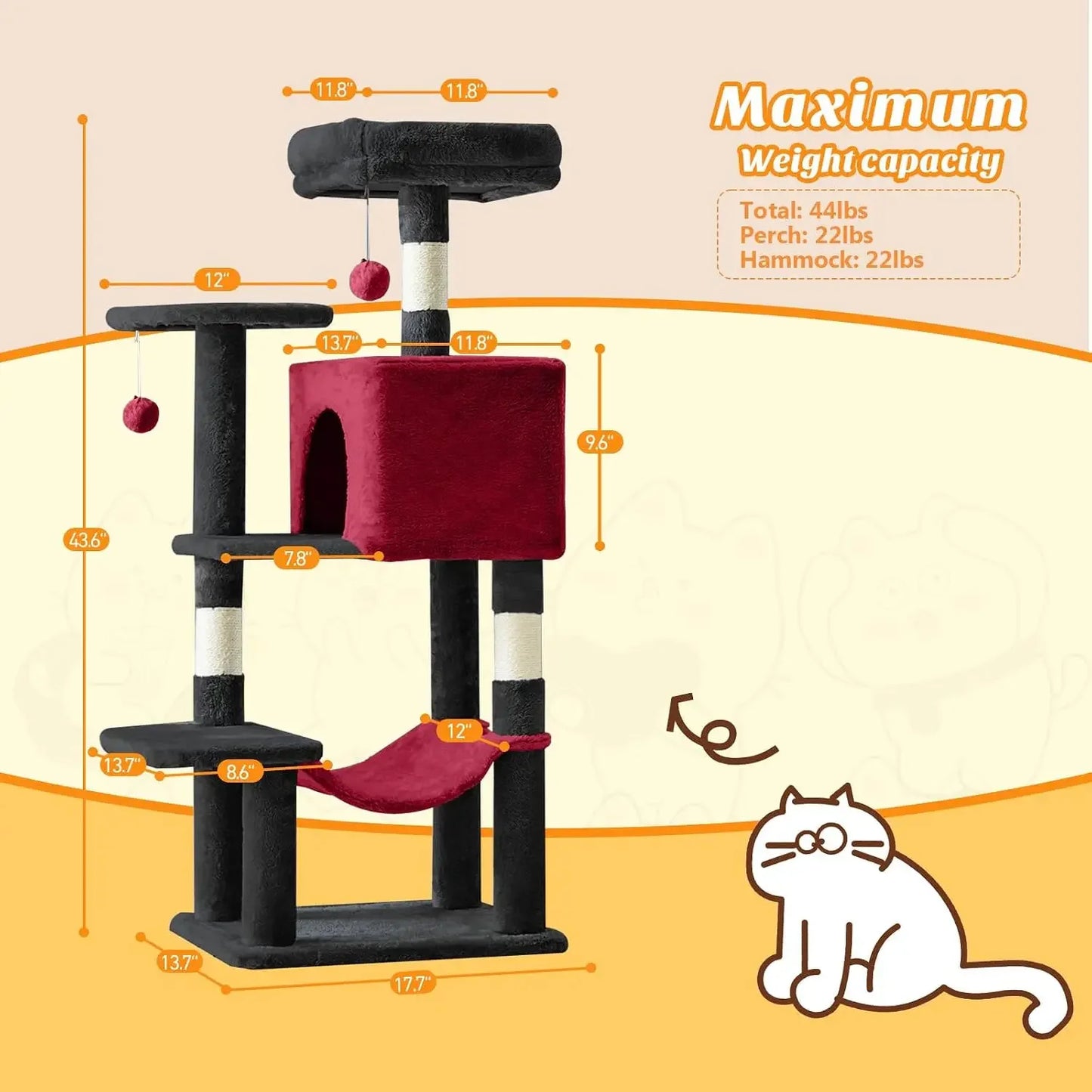44" Cat Tree Tower with Sisal Scratching Posts, Hammock, Condo for Indoor Cats, Black/Red