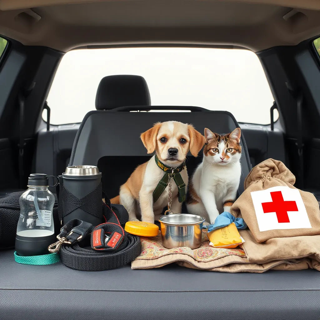 Dog carrier and travel supplies on a car seat for safe, comfortable pet trips