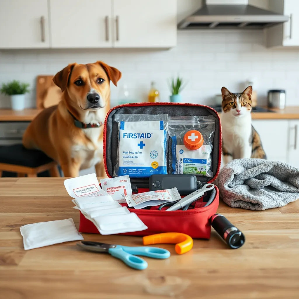 Open pet first aid kit with gauze, antiseptic wipes, tweezers, and gloves beside a calm cat and dog