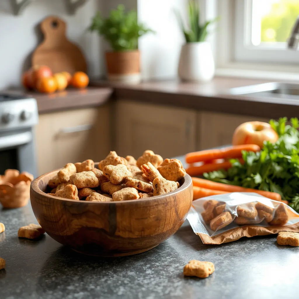 Assorted organic pet treats in a wooden bowl with natural fruit and vegetable accents
