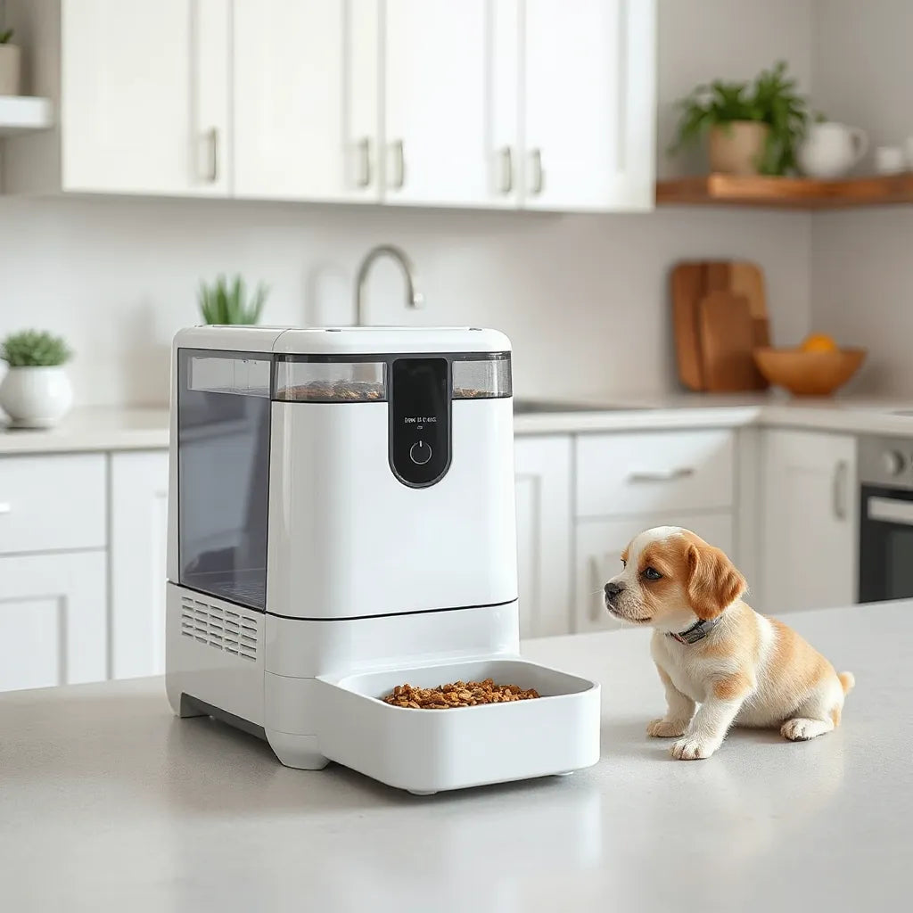 Modern automatic pet feeder with a transparent food hopper on a kitchen counter beside a small dog
