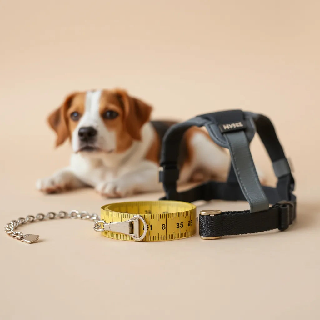 Metal chain collar laid beside a measuring tape with a small dog in soft focus