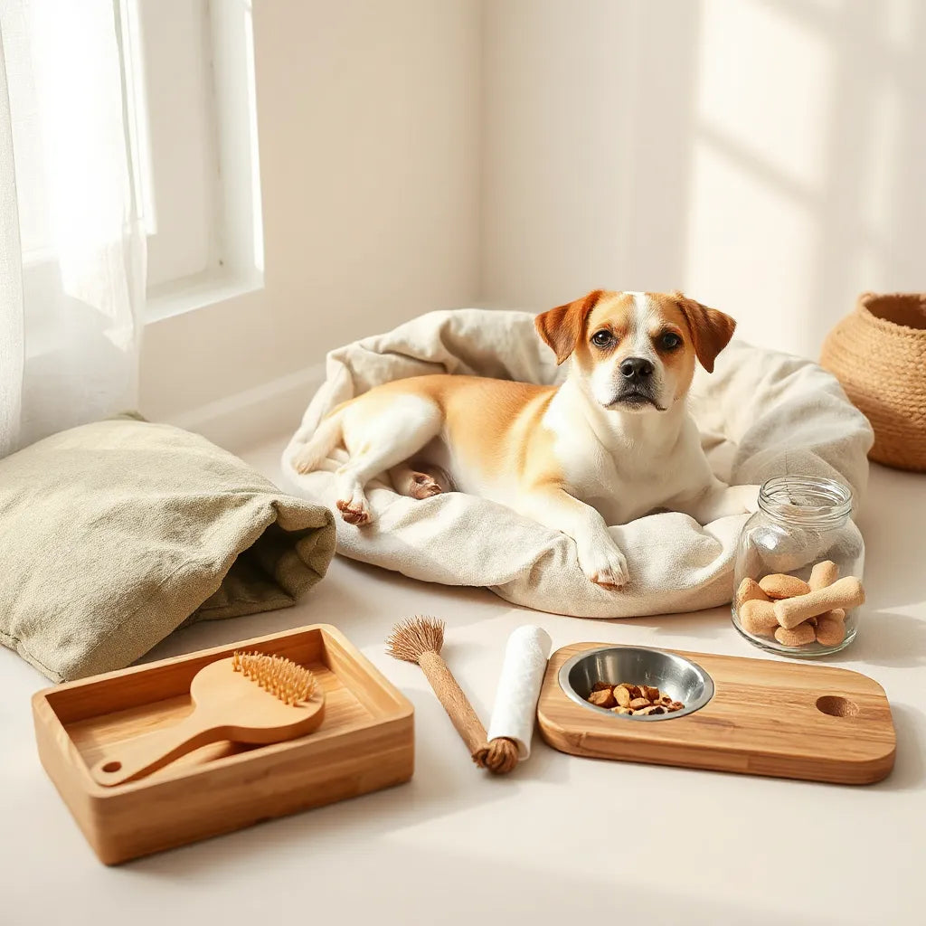 Dog resting by eco-friendly pet items like a bamboo brush, natural chew toy, and reusable bedding