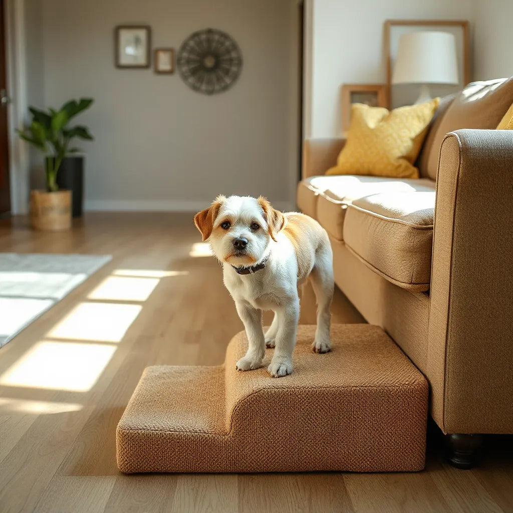 Small senior dog using non-slip pet stairs to reach the couch safely at home