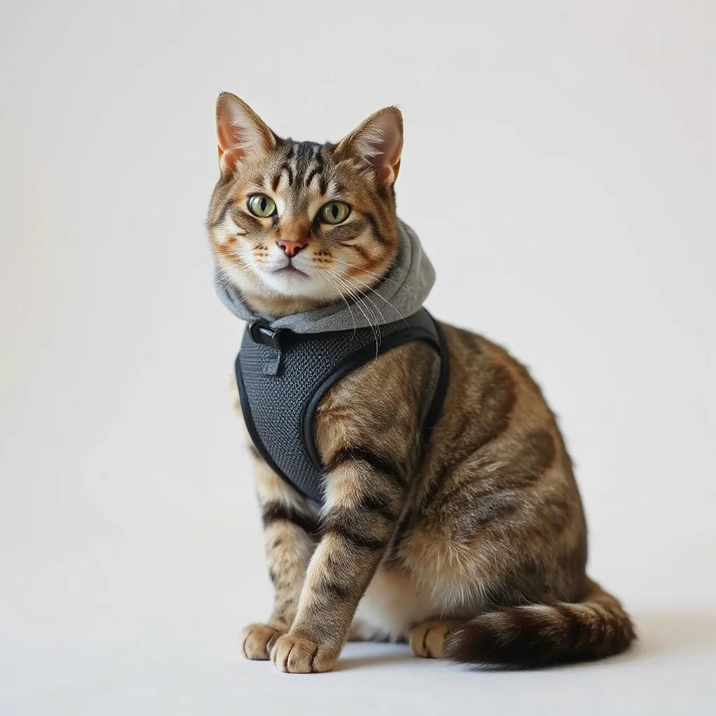 Calm cat wearing a lightweight breathable costume with visible ventilation and a comfortable fit