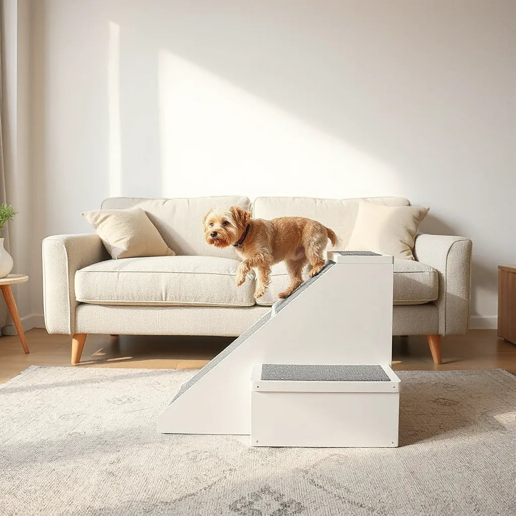 Small dog using sturdy elevated pet stairs to reach a couch safely
