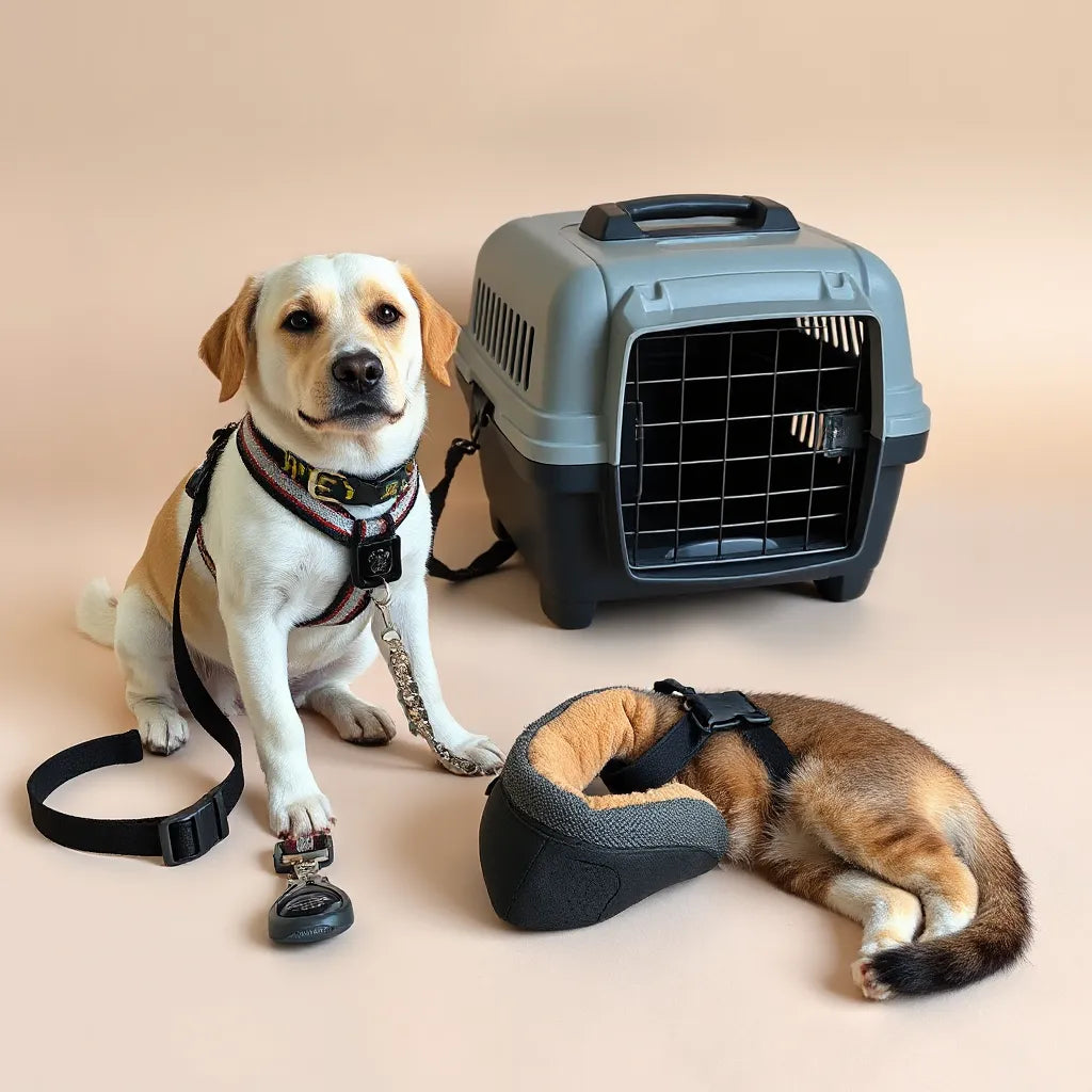 Reflective harness, ID tag collar, and pet travel safety items arranged with calm dog and cat nearby.