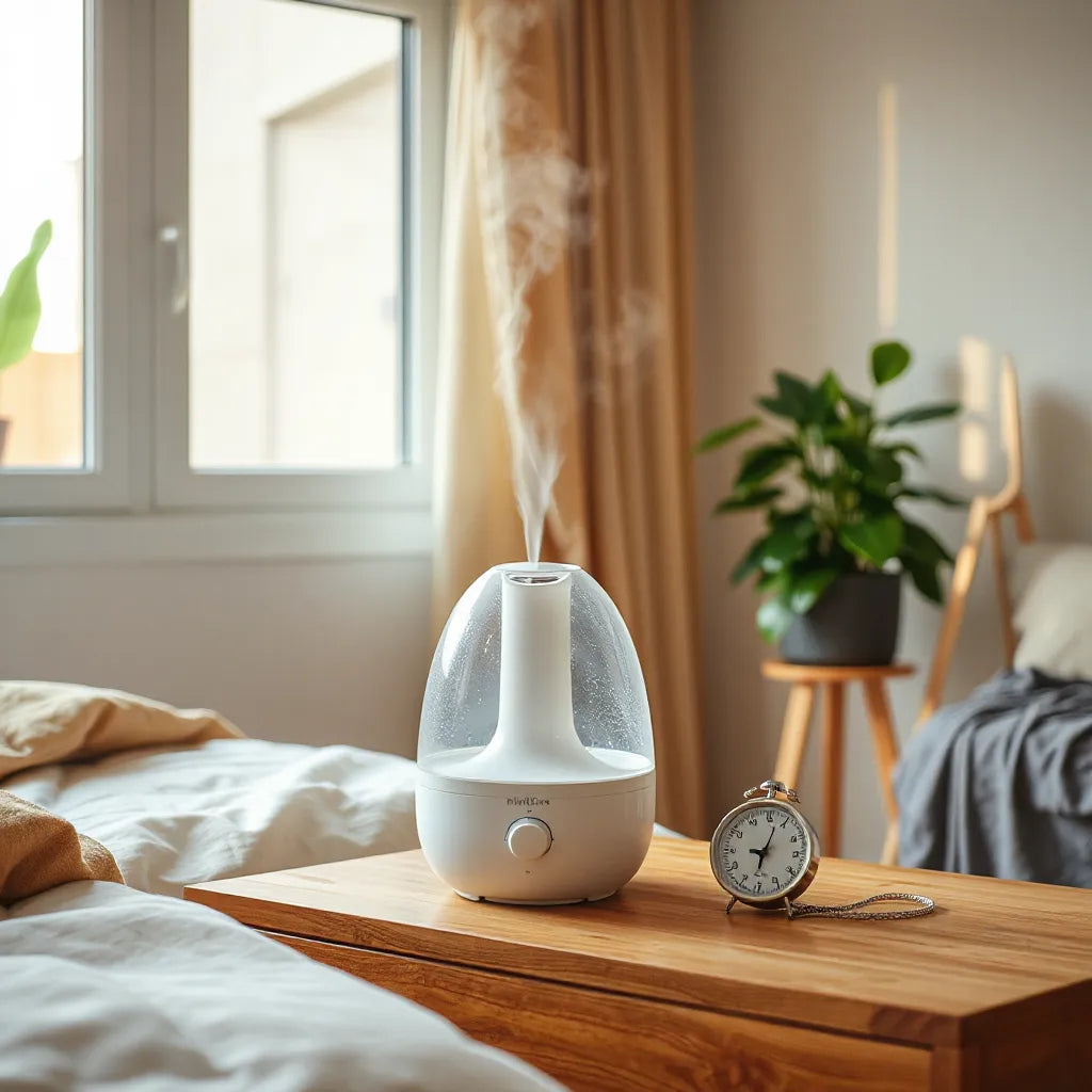 Modern humidifier producing fine mist beside a hygrometer on a bedside table in a bright room