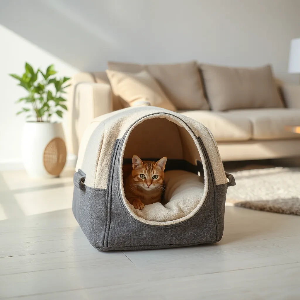 Soft fabric cat kennel with an open front and cozy cushion in a bright living room
