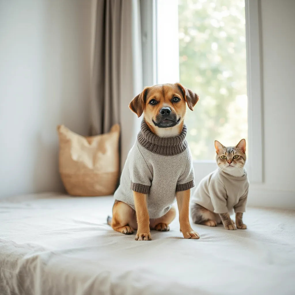 Dog and cat modeling stylish pet clothing with comfortable neck and chest fit near a bright window