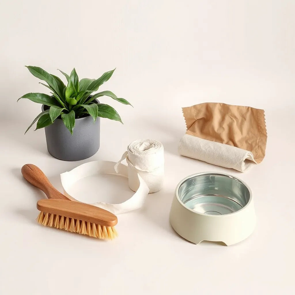 Natural pet care essentials like a wooden brush, chew toy, and reusable bowl on a bright table