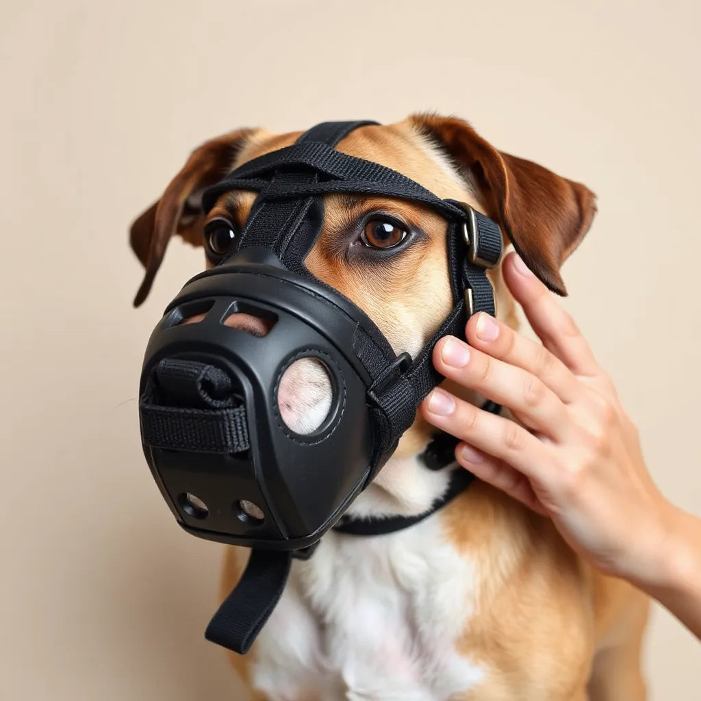 Dog wearing a well-fitted adjustable muzzle with visible straps while a hand checks comfort near the snout