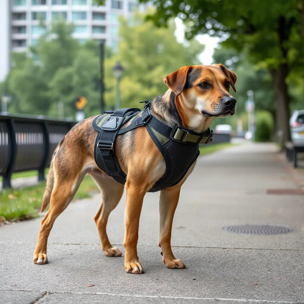 Dog wearing a tactical harness with padded chest straps outdoors on a park path