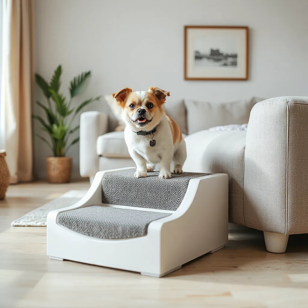 Small dog climbing textured, non-slip pet stairs to a couch in a bright living room
