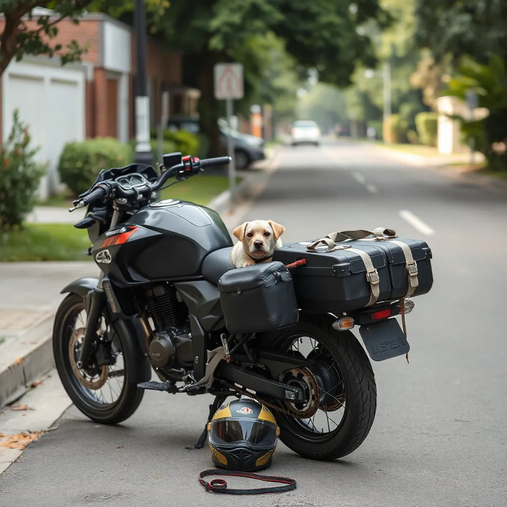 Small dog sitting comfortably in a secure motorcycle pet carrier beside a parked motorcycle