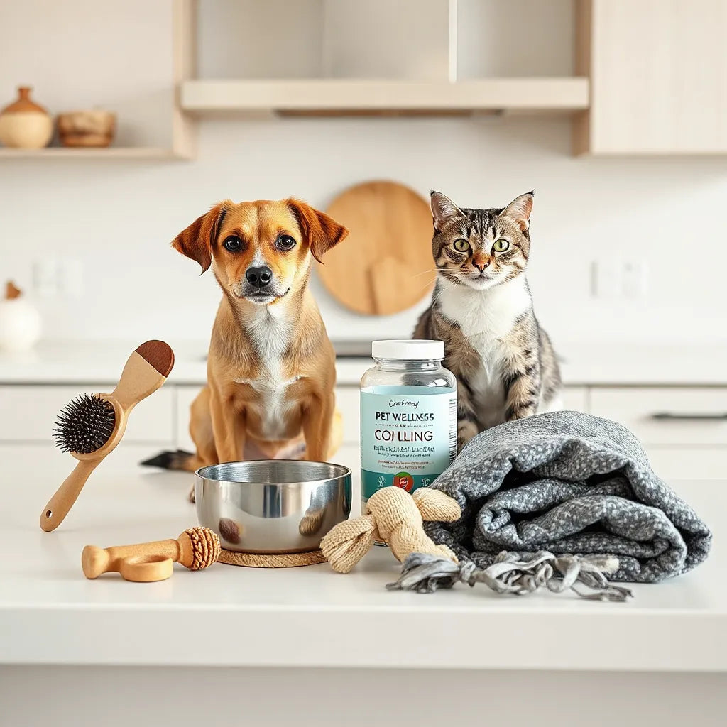 Dog and cat near neatly arranged pet wellness essentials like brush, water bowl, supplements, and blanket