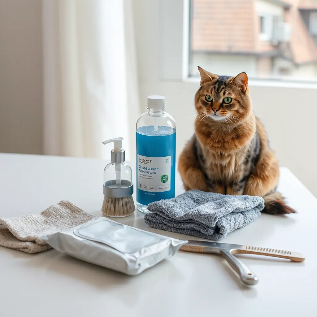 Cat grooming tools and wipes arranged beside a calm cat in a clean, bright home setting