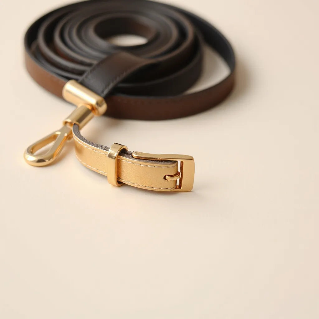 Gold plated dog collar with metal buckle on a neutral background under soft lighting
