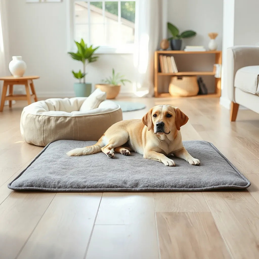 Dog resting on a clean, comfortable pet mat in a bright living room