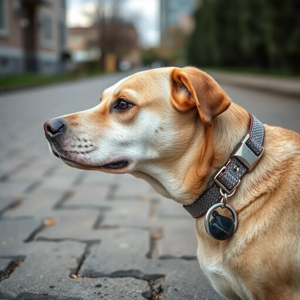 Dog wearing a diamond-pattern walking collar with clasp and leash ring visible