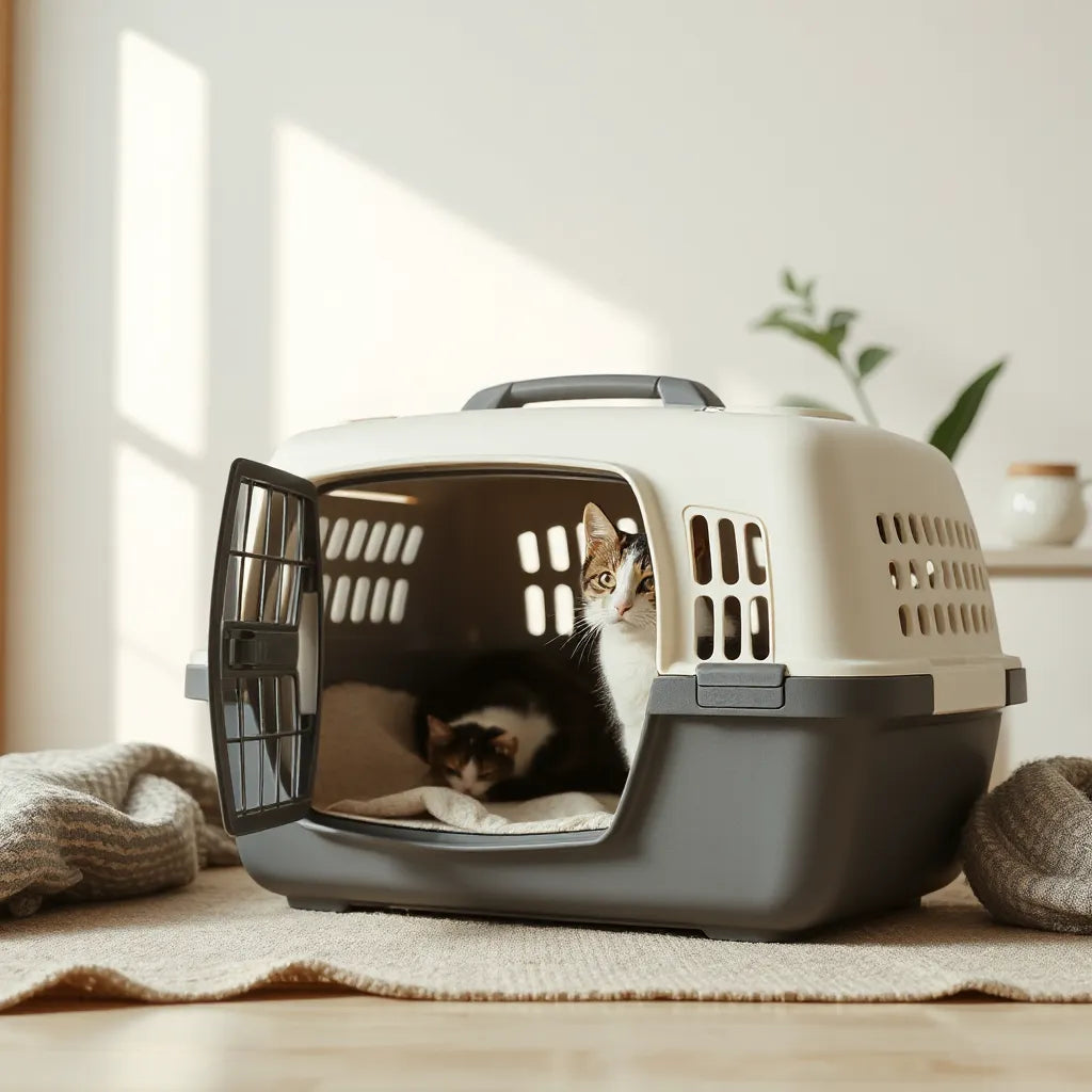 Modern cat carrier with ventilation and a calm cat seated inside in a bright, minimal room