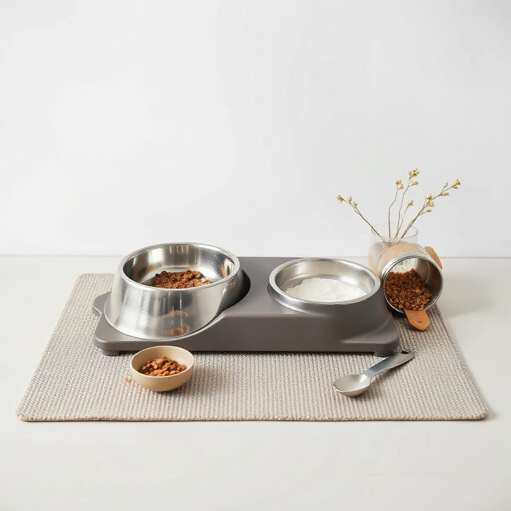 Clean pet feeding station with food and water bowls, a scoop, and dry food container
