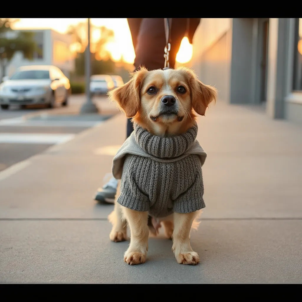 Small dog wearing a stylish sweater and jacket on a walk outdoors at golden hour