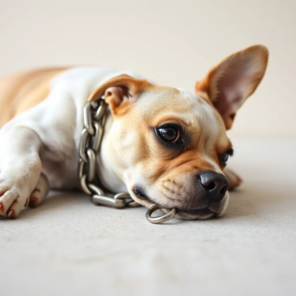 Small dog wearing a polished Cuban chain pet collar on a neutral background