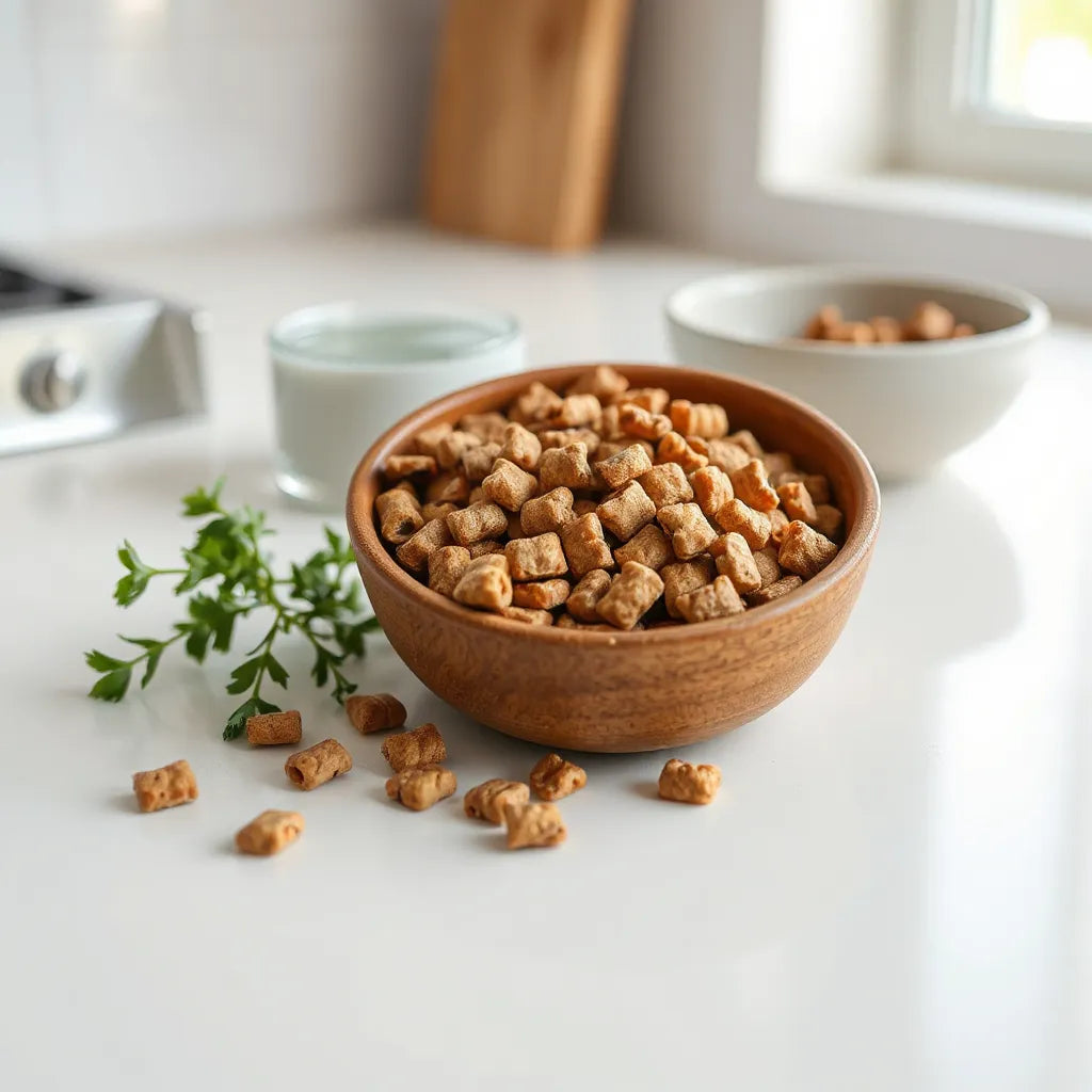 Bowl of organic pet food with fresh herbs on a clean countertop