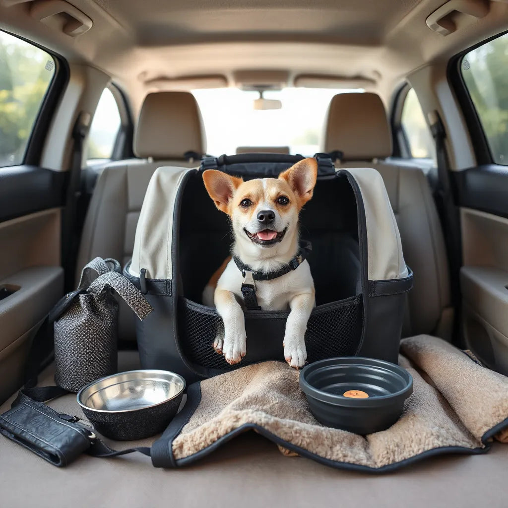 Small dog in a car carrier with travel harness, seat belt attachment, and collapsible water bowl nearby