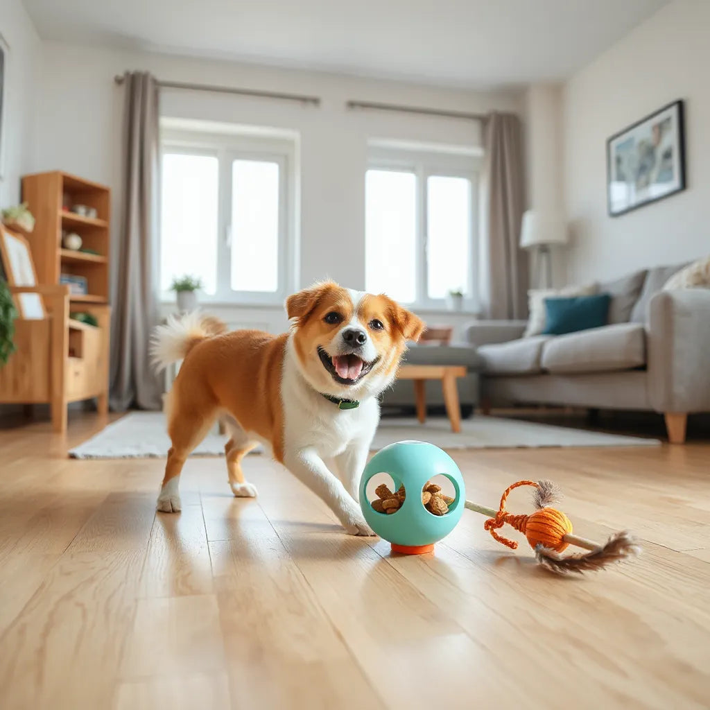 Happy dog engaging with an interactive treat-dispensing toy on a clean floor