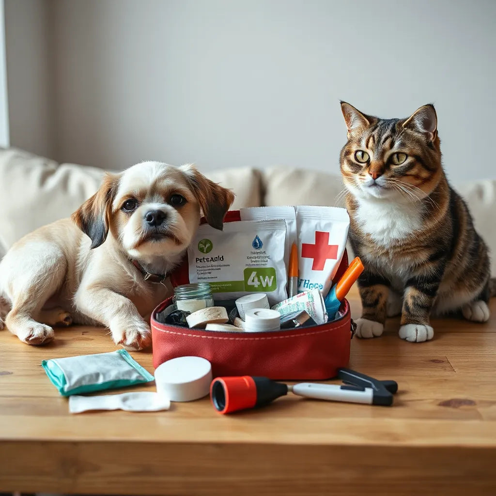 Open pet first aid kit with gauze, wipes, bandages, thermometer, and gloves beside a calm dog and cat
