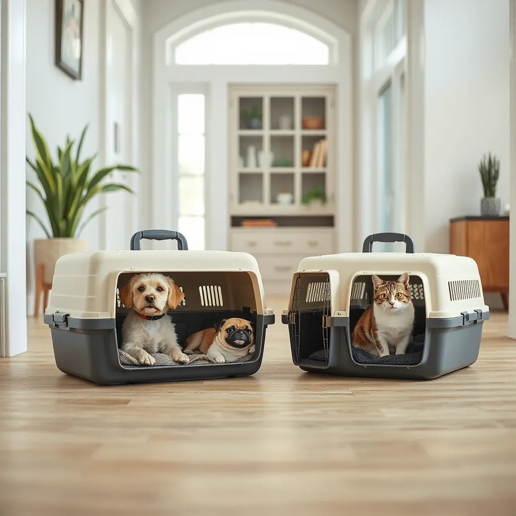 Small dog and cat resting in breathable, comfortable pet carriers with soft bedding