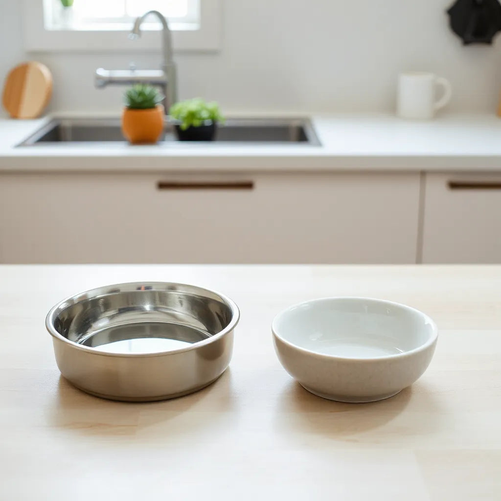 Two clean, sturdy pet bowls in stainless steel and ceramic on a neutral tabletop with soft natural light.