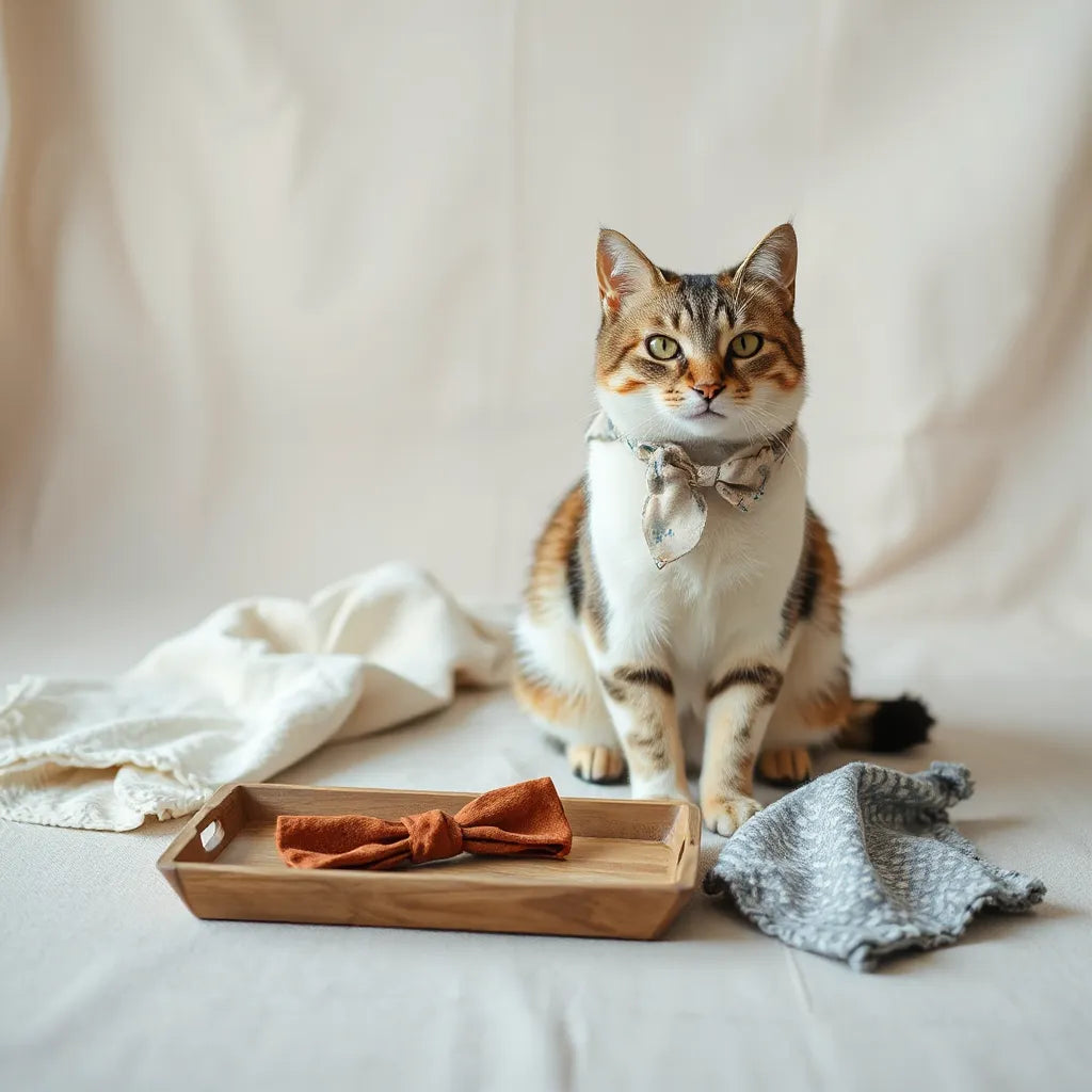 Domestic cat wearing a lightweight bandana with neatly arranged matching accessories nearby