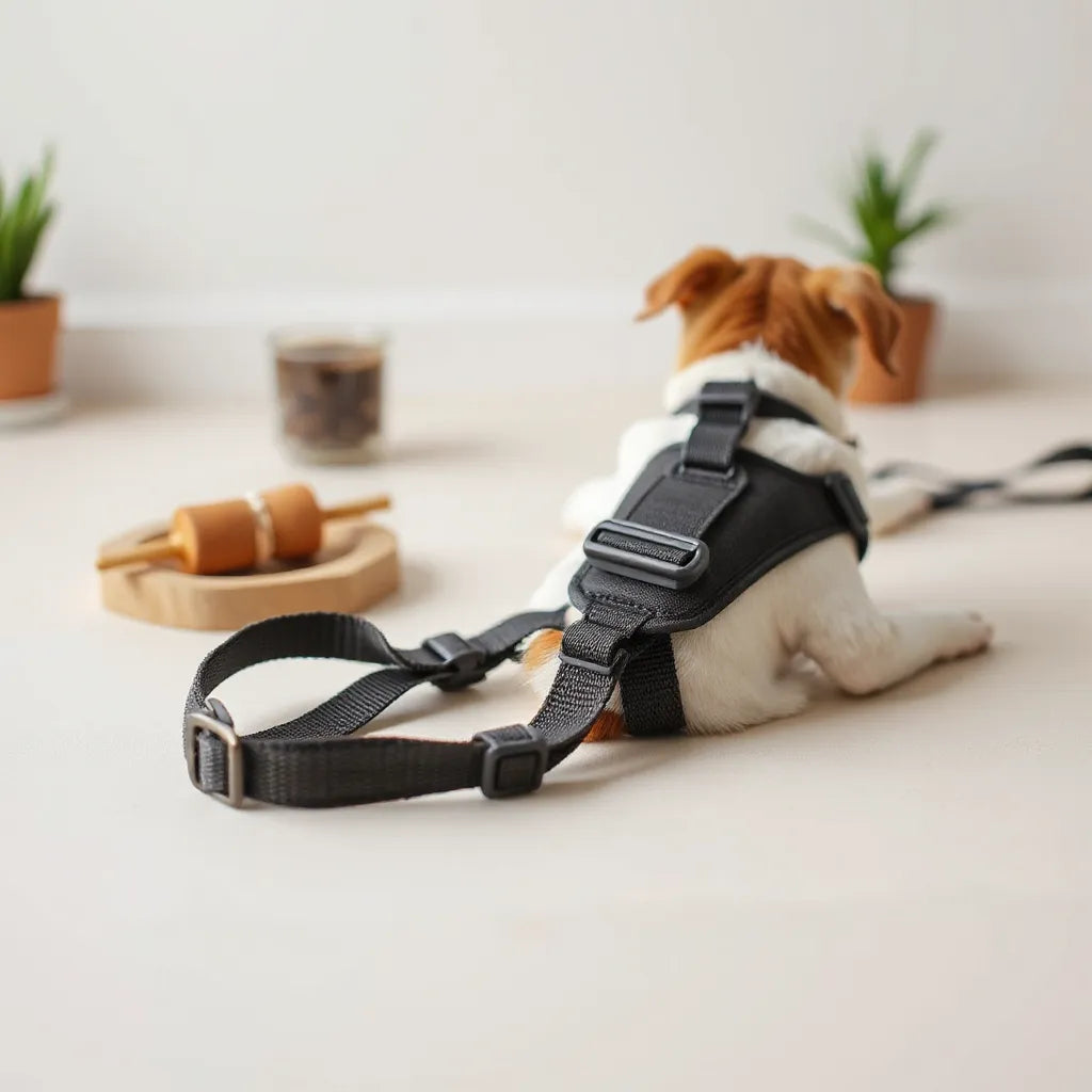 Adjustable dog harness with chest straps and buckles, shown with a calm dog for proper fit