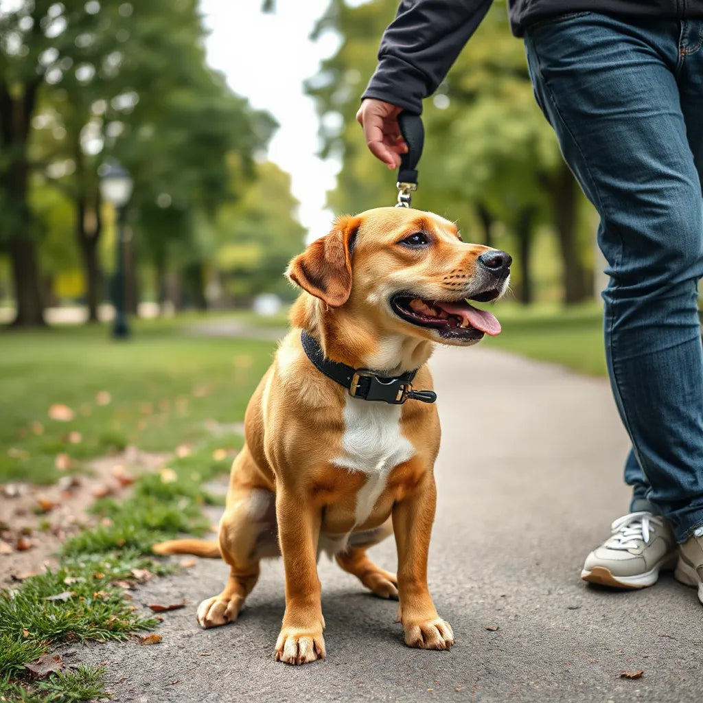 Dog on a functional leash during a walk on a quiet park path