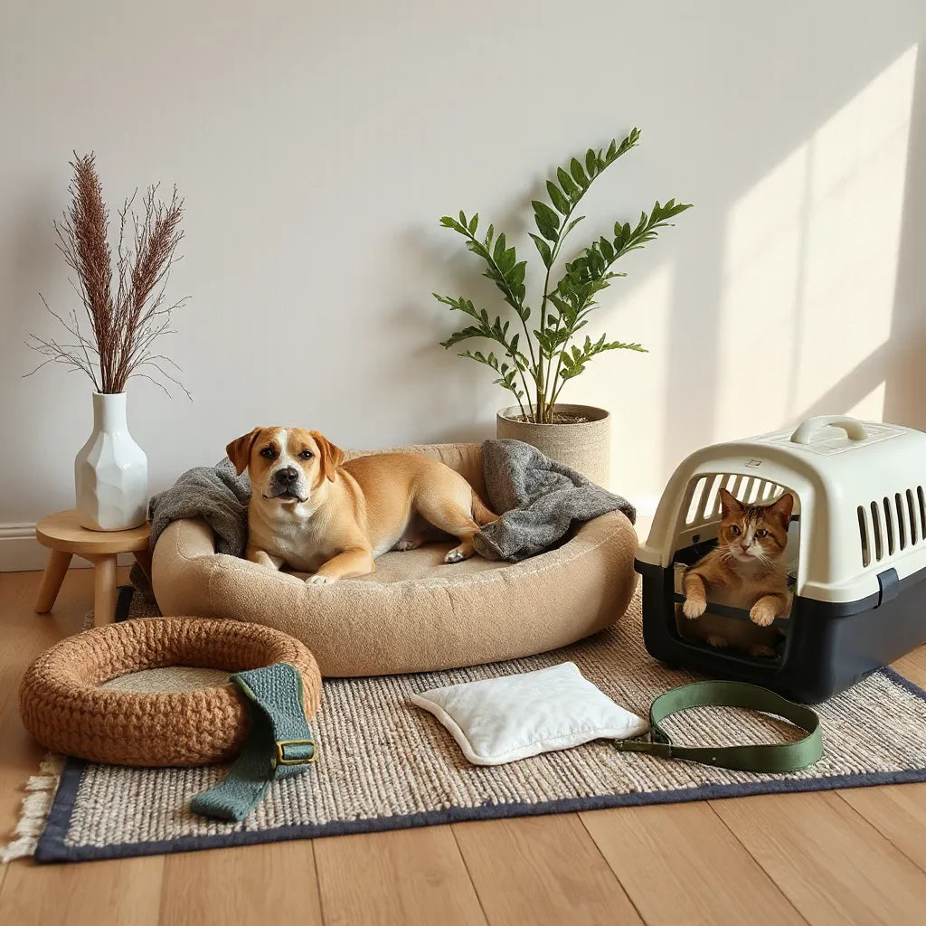 Cozy pet comfort setup with plush bedding, a soft mat, and a travel carrier pad in a home setting