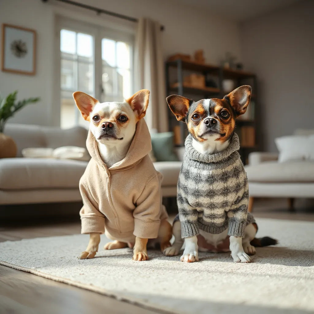 Two small dogs wearing cozy, stylish outfits while sitting on a neutral rug indoors