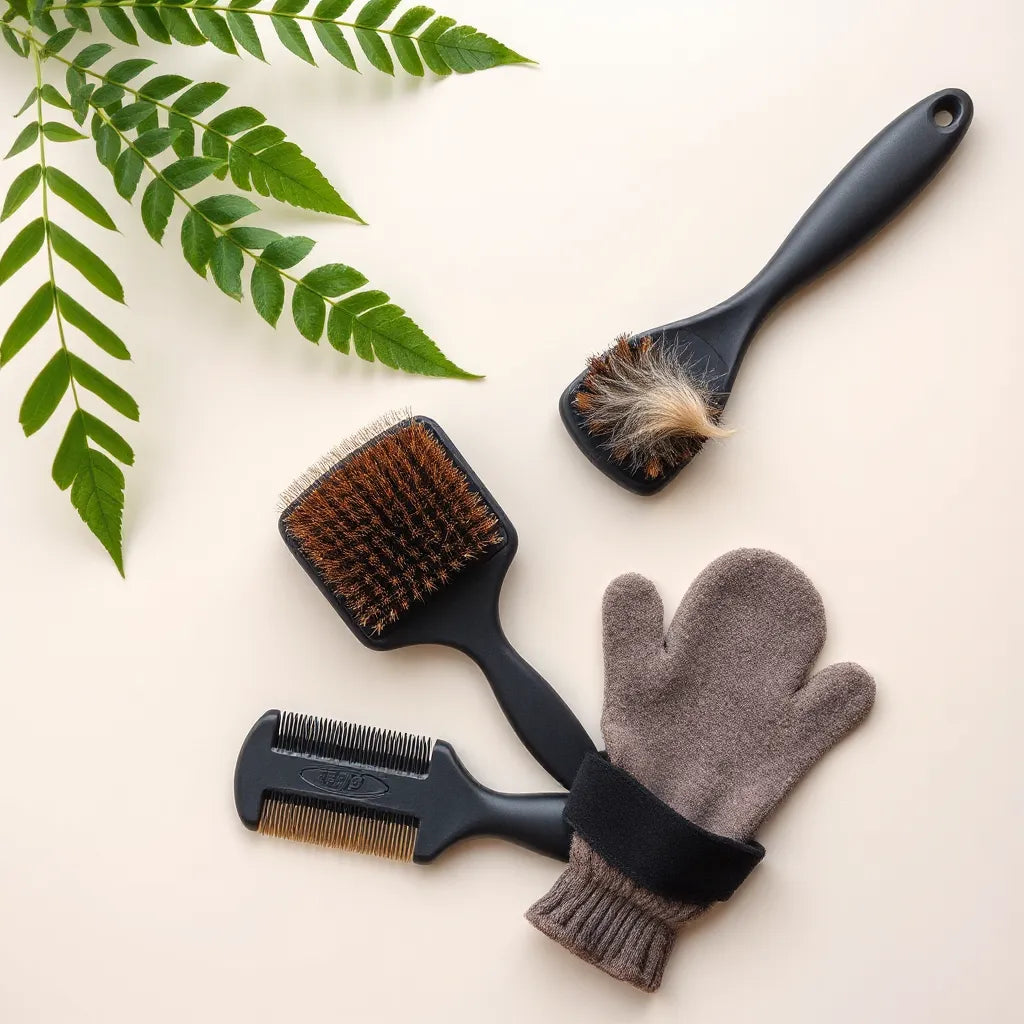 Assorted pet grooming brushes including slicker brush, comb, and bristle brush on a clean background