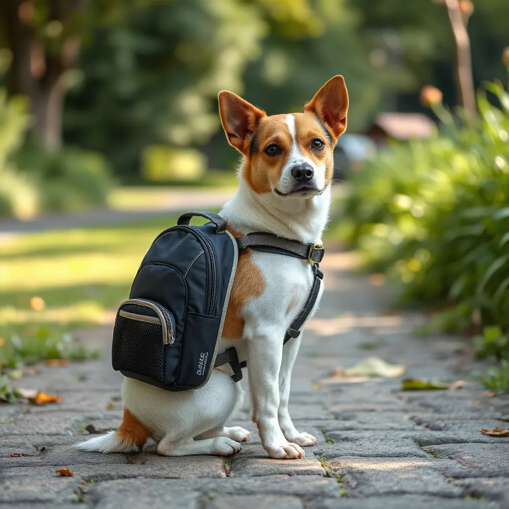 Small dog wearing a comfortable pet backpack with breathable mesh and adjustable straps outdoors