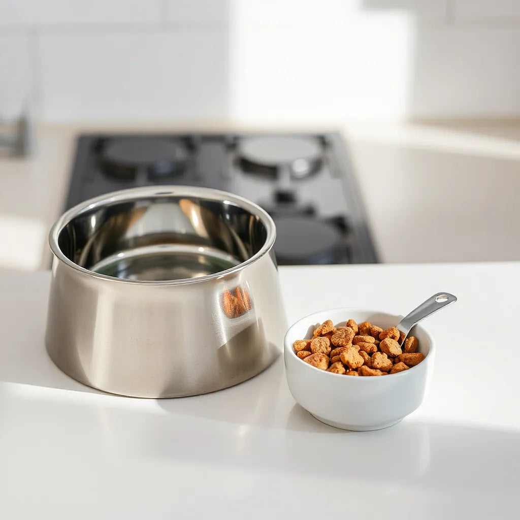 Stainless bowls for pet food and fresh water on a kitchen counter