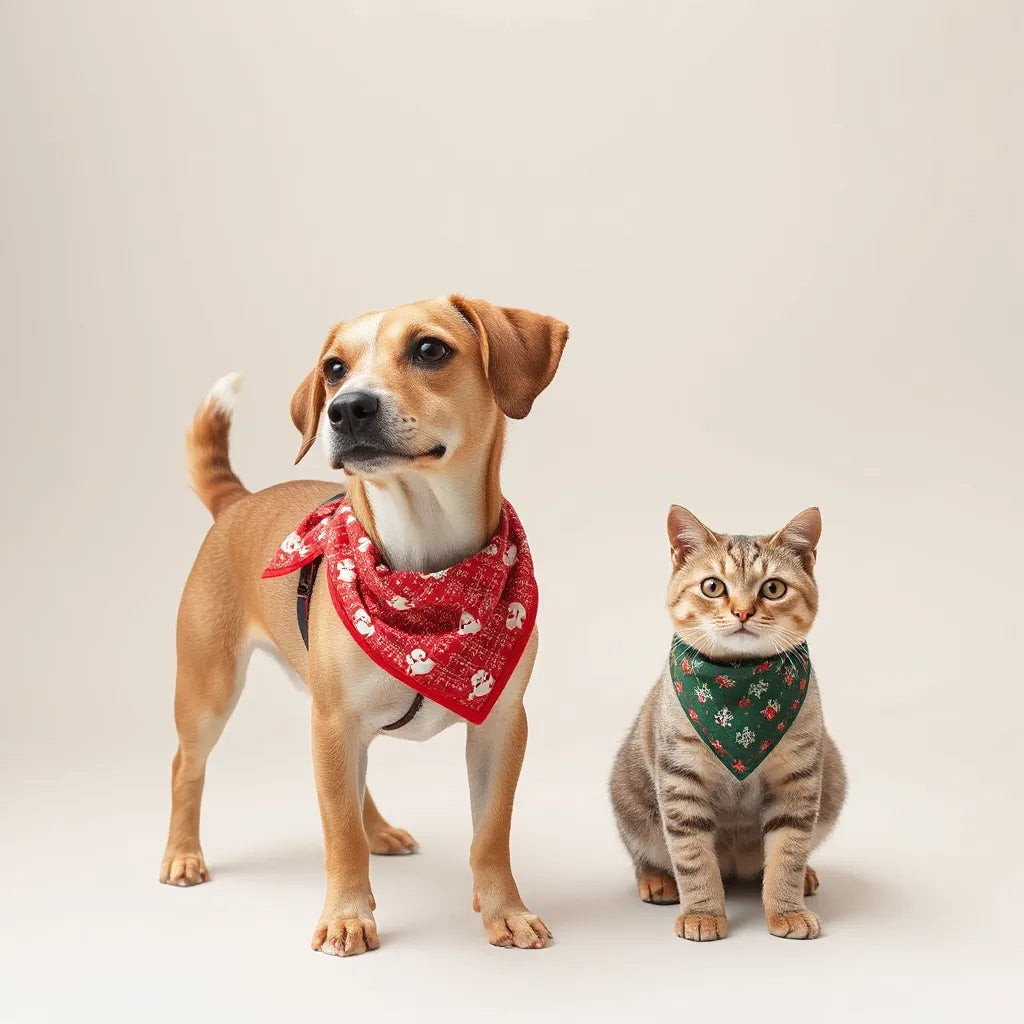 A dog and a cat wearing coordinated themed outfits on a clean neutral background
