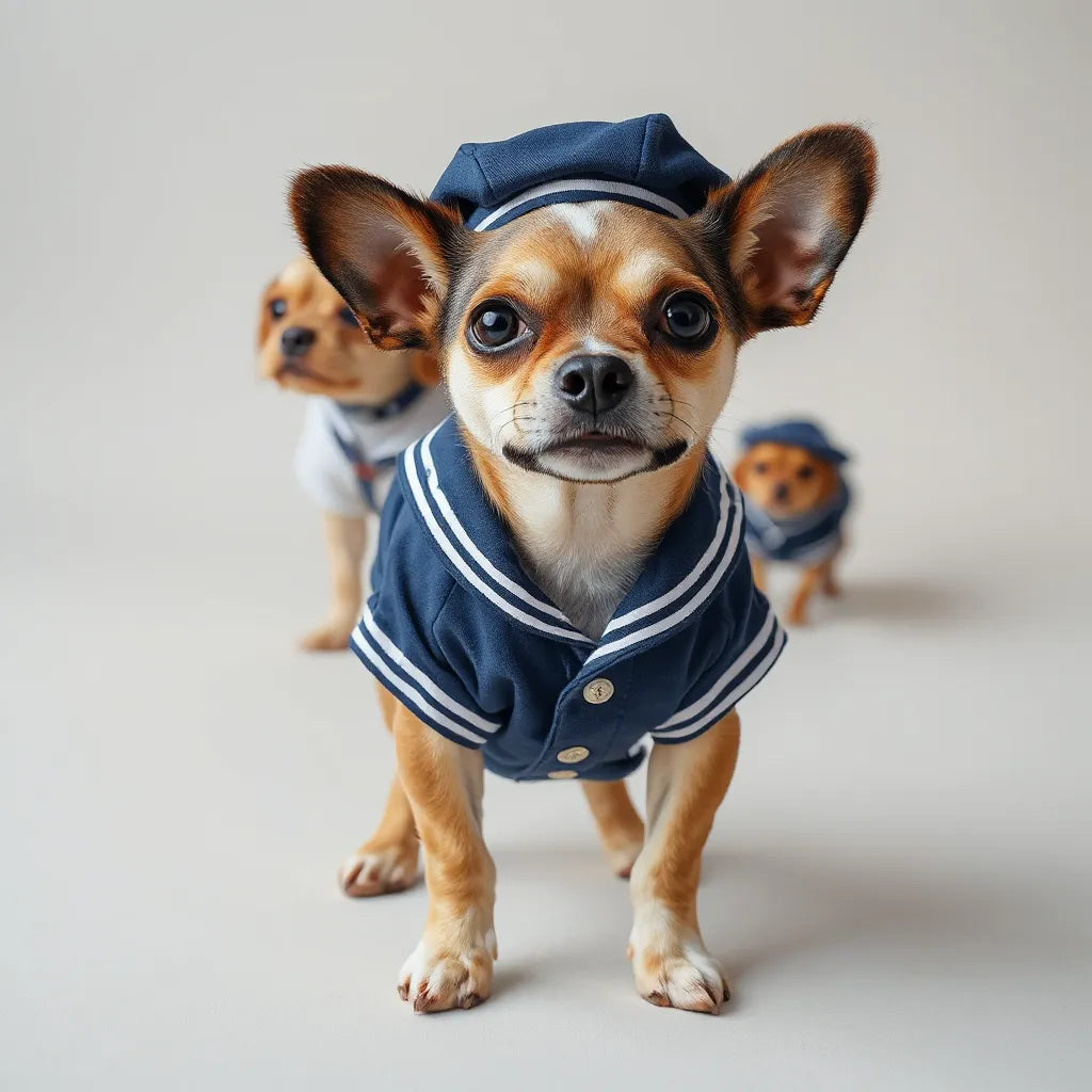 Small dog wearing a navy and white sailor costume with matching cap on a neutral background