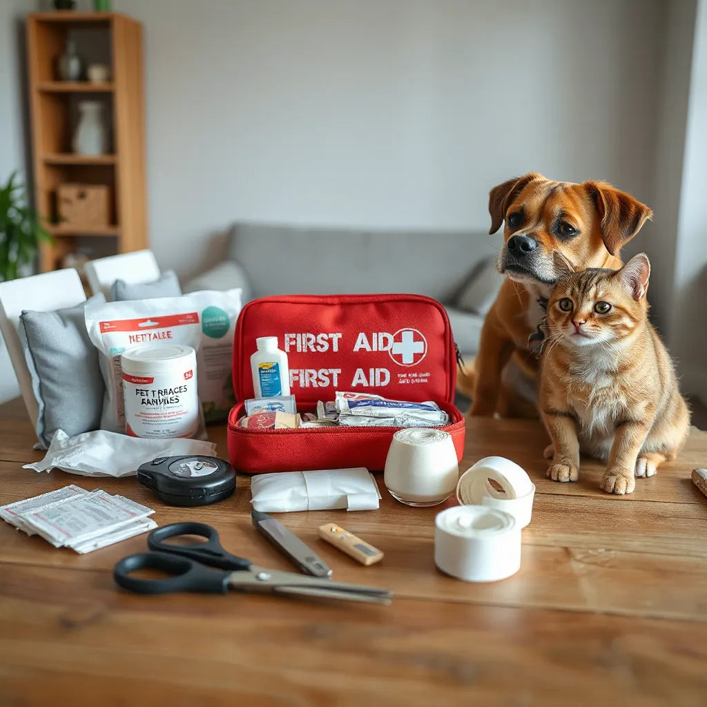 Neatly arranged pet first aid kit supplies on a table with a calm dog and cat nearby
