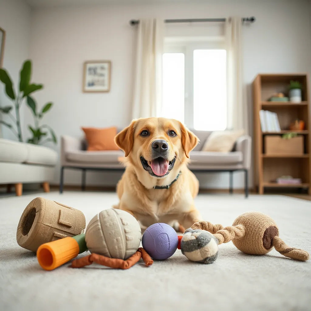 Happy dog focused on treat-dispensing puzzle and textured interactive toys in a bright room
