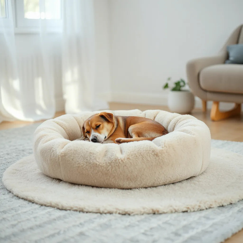 Fluffy plush pet bed on a living-room rug with a small pet resting inside