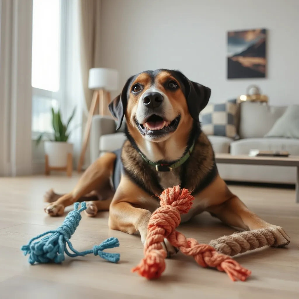 Dog chewing a reinforced rubber and rope toy on a clean indoor floor