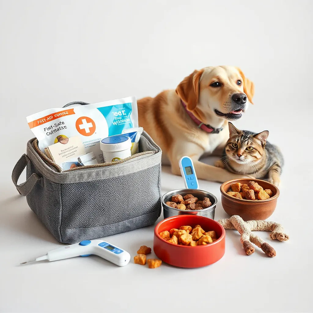 Pet healthcare essentials arranged neatly with a dog and cat in the background for everyday care