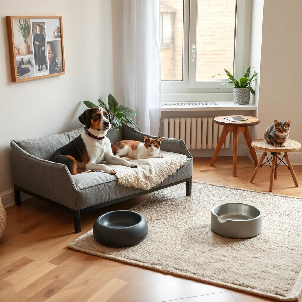 Dog and cat relaxing on pet bed and mat near a window in a tidy living room